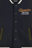 Trampoline Towel Print Logo with Suede Body & Fleece Sleeves Winter Varsity Jacket - Multi Colour