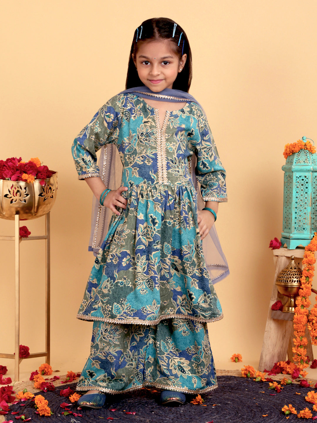 Trampoline Girls Floral Printed Kurta & Palazzo Set With Dupatta