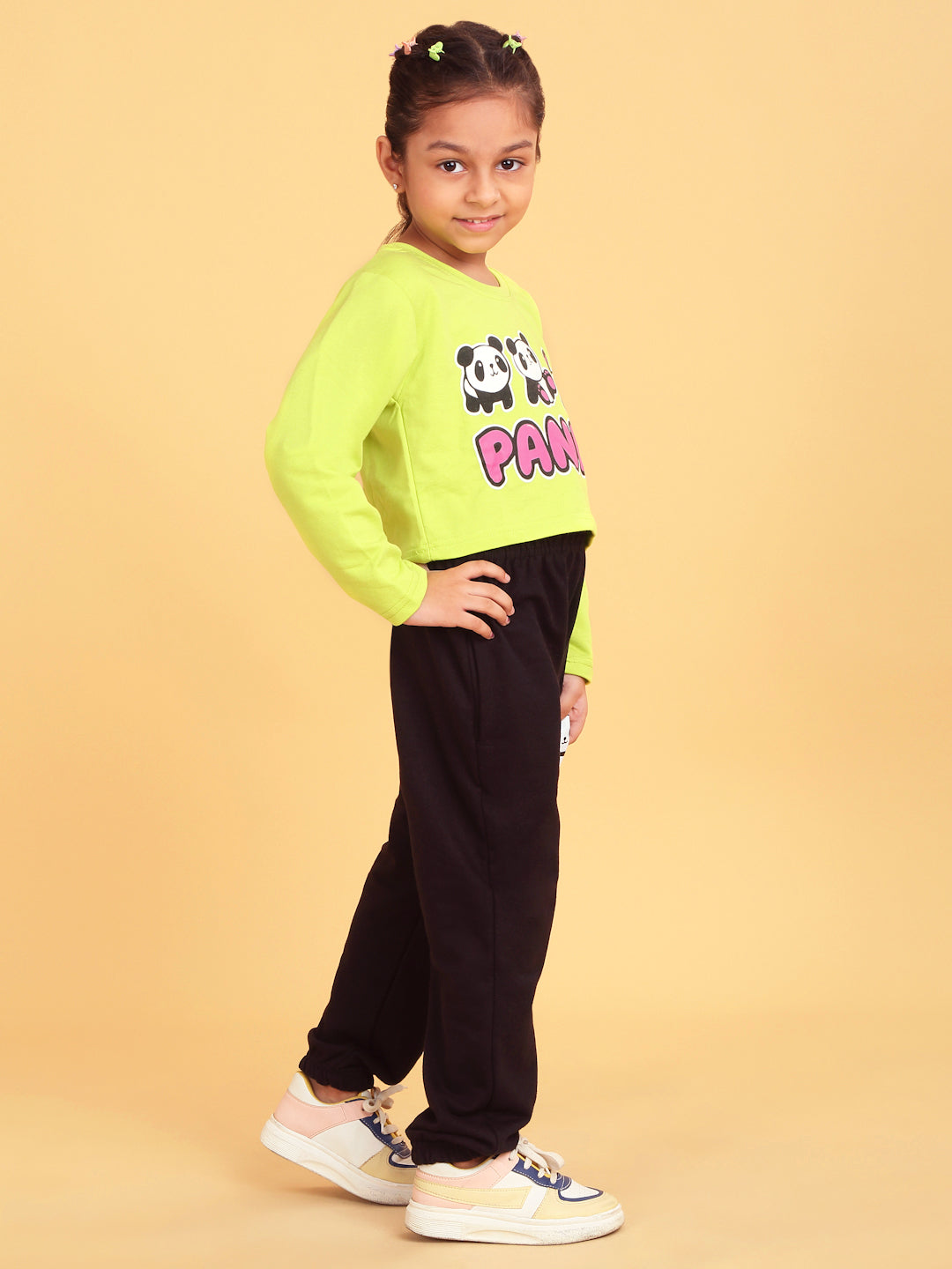 Trampoline Girls Green & Black Printed Crop Top with Trackpant