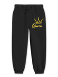 Trampoline Cotton Blend Knit Full Sleeves Queen Text Printed Crop Top & Coordinating Joggers Set - Black