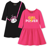 Trampoline Cotton Blend Knit Pack Of 2 Three Fourth Sleeves Girl Power Printed Dress - Pink & Black