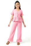 Trampoline Cotton Knit Half Sleeves Crop Top With Trousers Set - Pink