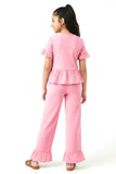 Trampoline Cotton Knit Half Sleeves Crop Top With Trousers Set - Pink
