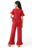 Trampoline Cotton Knit Half Sleeves Crop Top With Trousers Set - Red