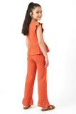 Trampoline Cotton Knit Sleeveless Schiffli Crop Top With Trousers Set - Orange