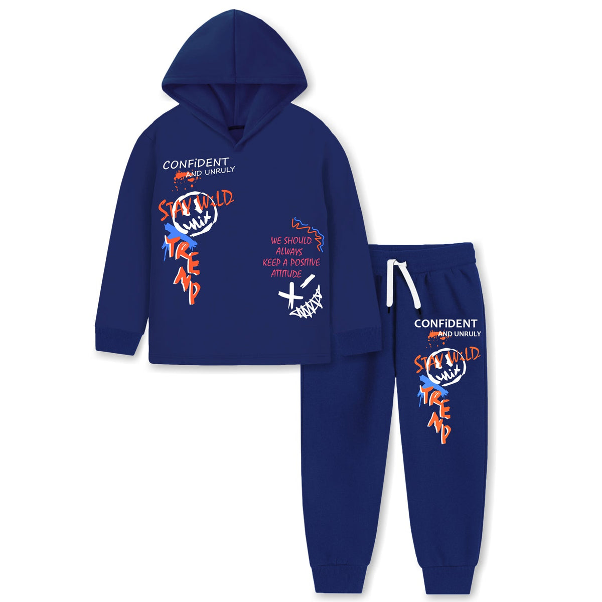 Trampoline Cotton Blend Knit Full Sleeves Typography Printed Hooded Tee With Track Pants Set - Blue
