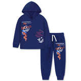Trampoline Cotton Blend Knit Full Sleeves Typography Printed Hooded Tee With Track Pants Set - Blue