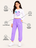 Trampoline Girls Cotton Blend Butterfly Print Crop Top with Sweatpants Set – White & Purple