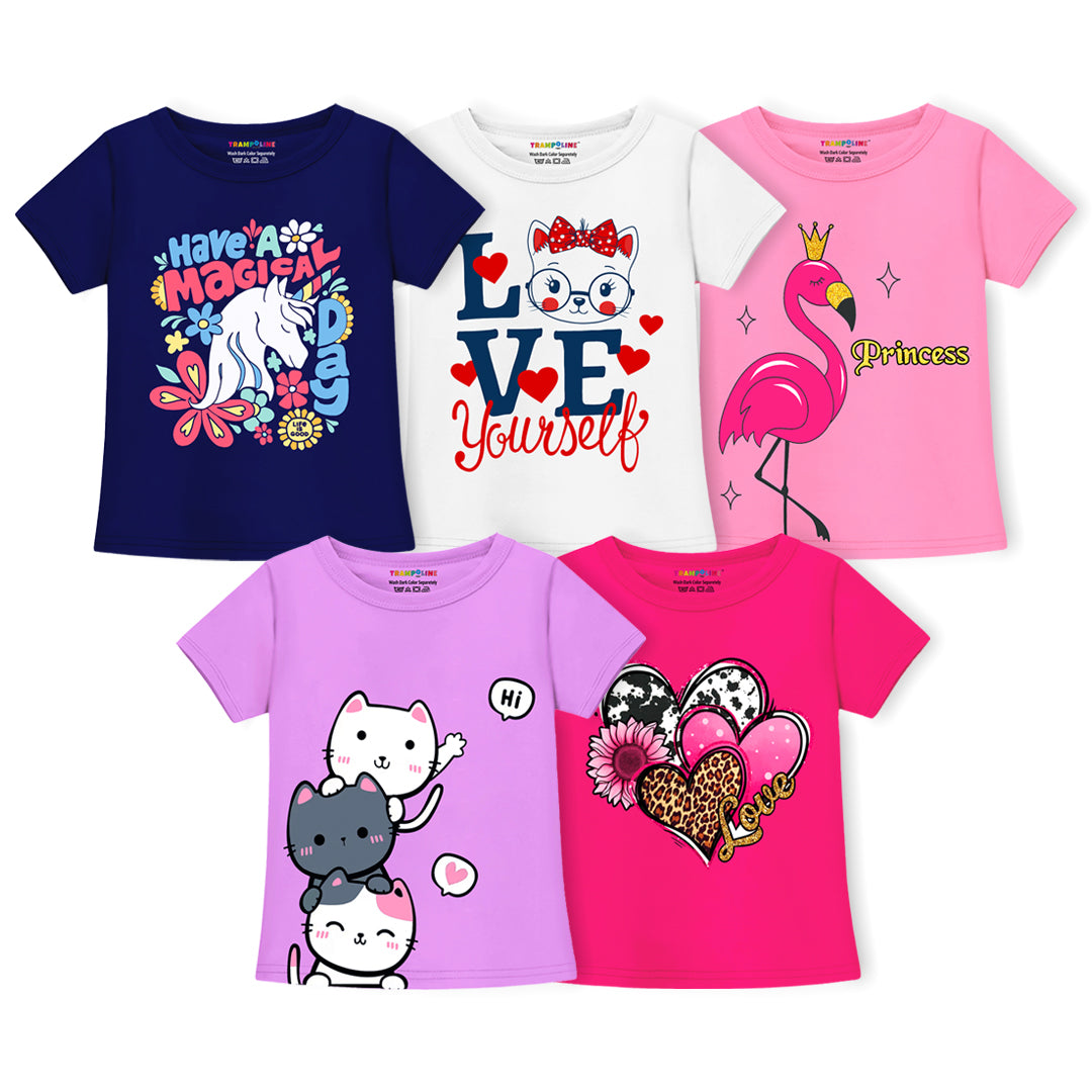 Trampoline Girls Half Sleeves Regular Fit T-Shirt (Pack of 5)