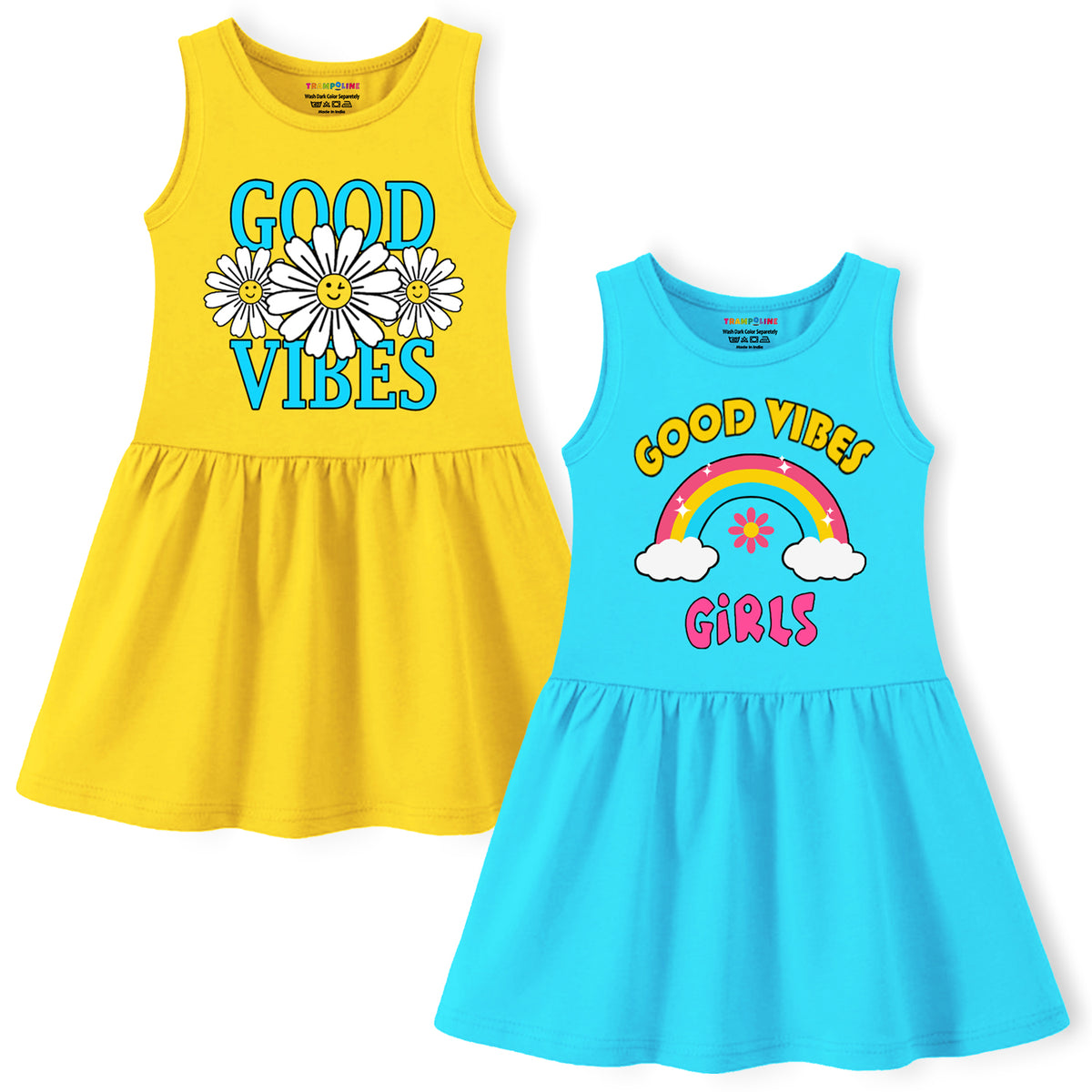 Trampoline Girls Sleeveless Midi Dresses Pack of 2 | Soft Cotton Blend | Colorful & Adorable Prints | Perfect for Playdates, Parties & Everyday Summer Fun