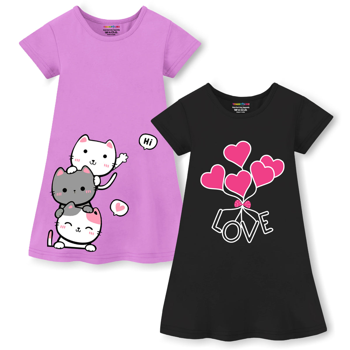 Trampoline Girls Midi Dress Combo | Half Sleeve Cotton Dresses with Fun Prints | Soft & Stylish Everyday Outfits for Kids | Pack of 2