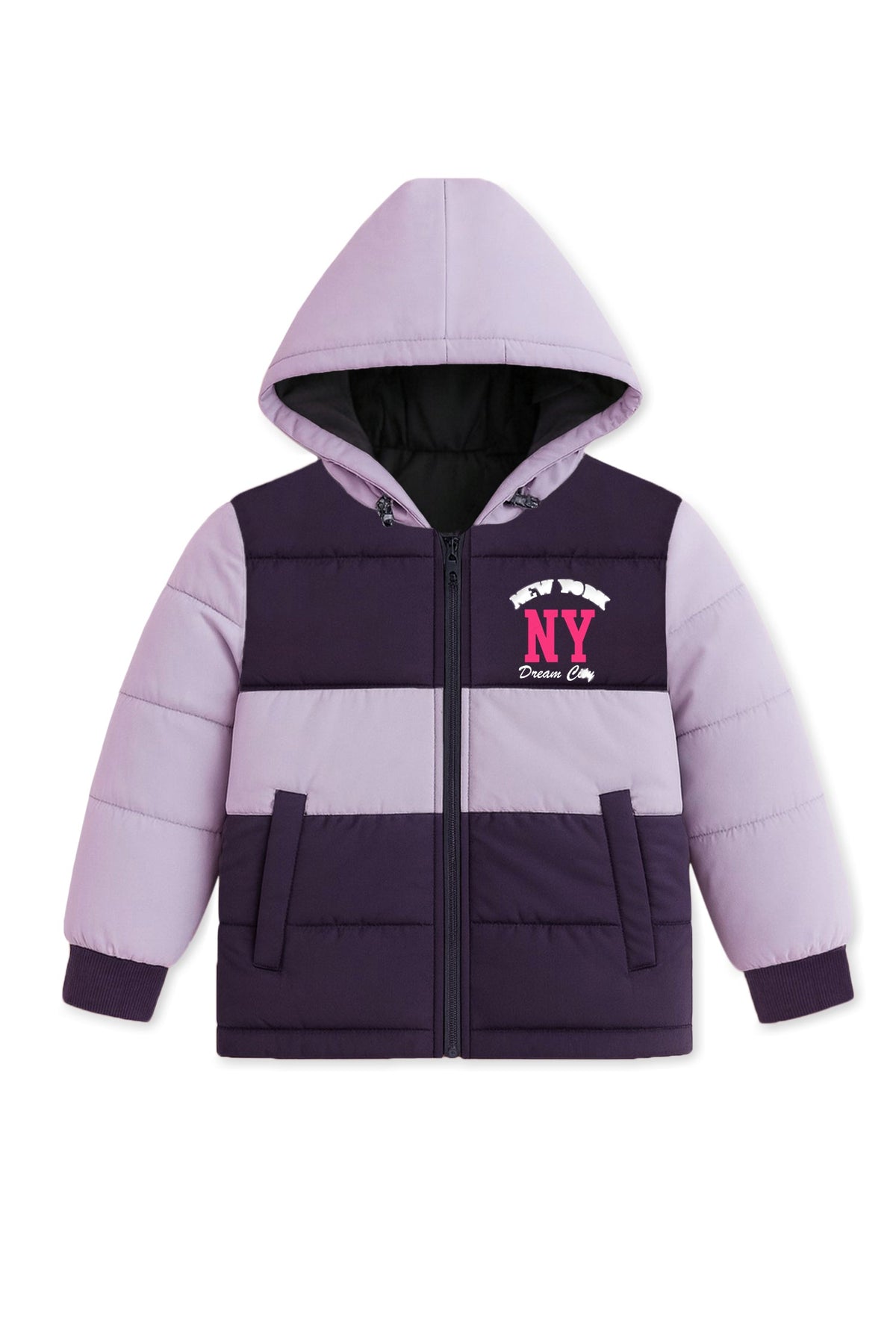 Trampoline Knit Full Sleeves Colorblock Puffer Winter Jacket With 2 Front Pockets - Purple