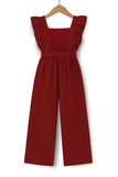 Trampoline Girls Maroon Cotton Slub Ruffle Sleeve Jumpsuit with Belt & Square Neck