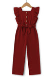 Trampoline Girls Maroon Cotton Slub Ruffle Sleeve Jumpsuit with Belt & Square Neck