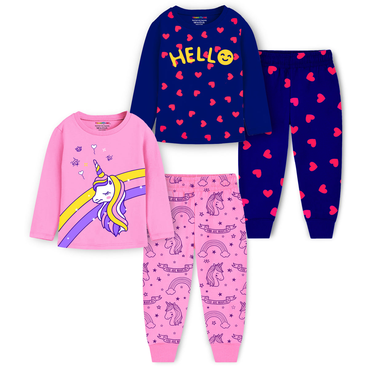 Trampoline Kids Girls Hello & Unicorn T-Shirt & Pajama Set Pack of 2 - Pink & Blue