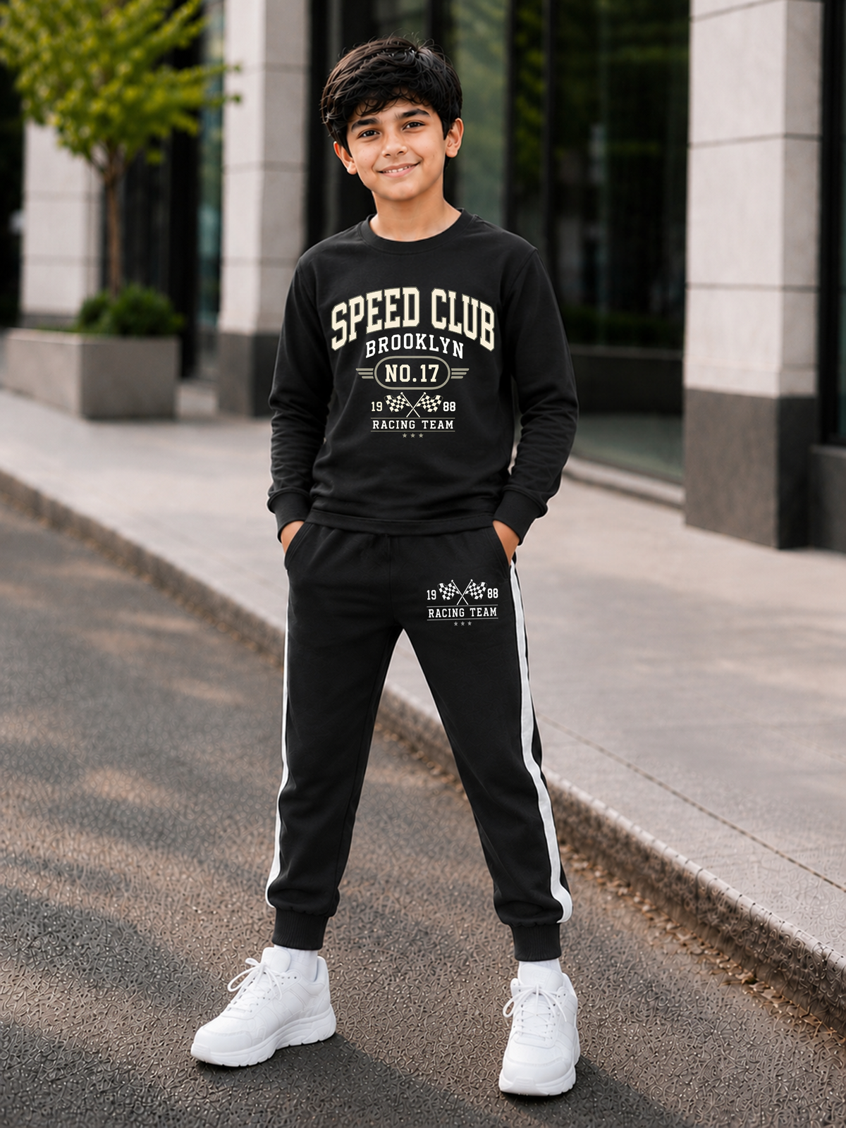 Trampoline Boys Cotton Blend Brooklyn Typographic Print T-Shirt with Track Pants Set – Black