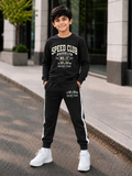 Trampoline Boys Cotton Blend Brooklyn Typographic Print T-Shirt with Track Pants Set – Black