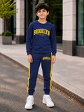 Trampoline Boys Cotton Blend Brooklyn Text Print T-Shirt with Track Pants Set – Navy Blue