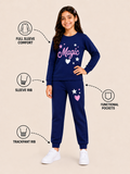 Trampoline Girls Cotton Blend Magic Cat Print T-Shirt with Trackpants Set – Navy Blue
