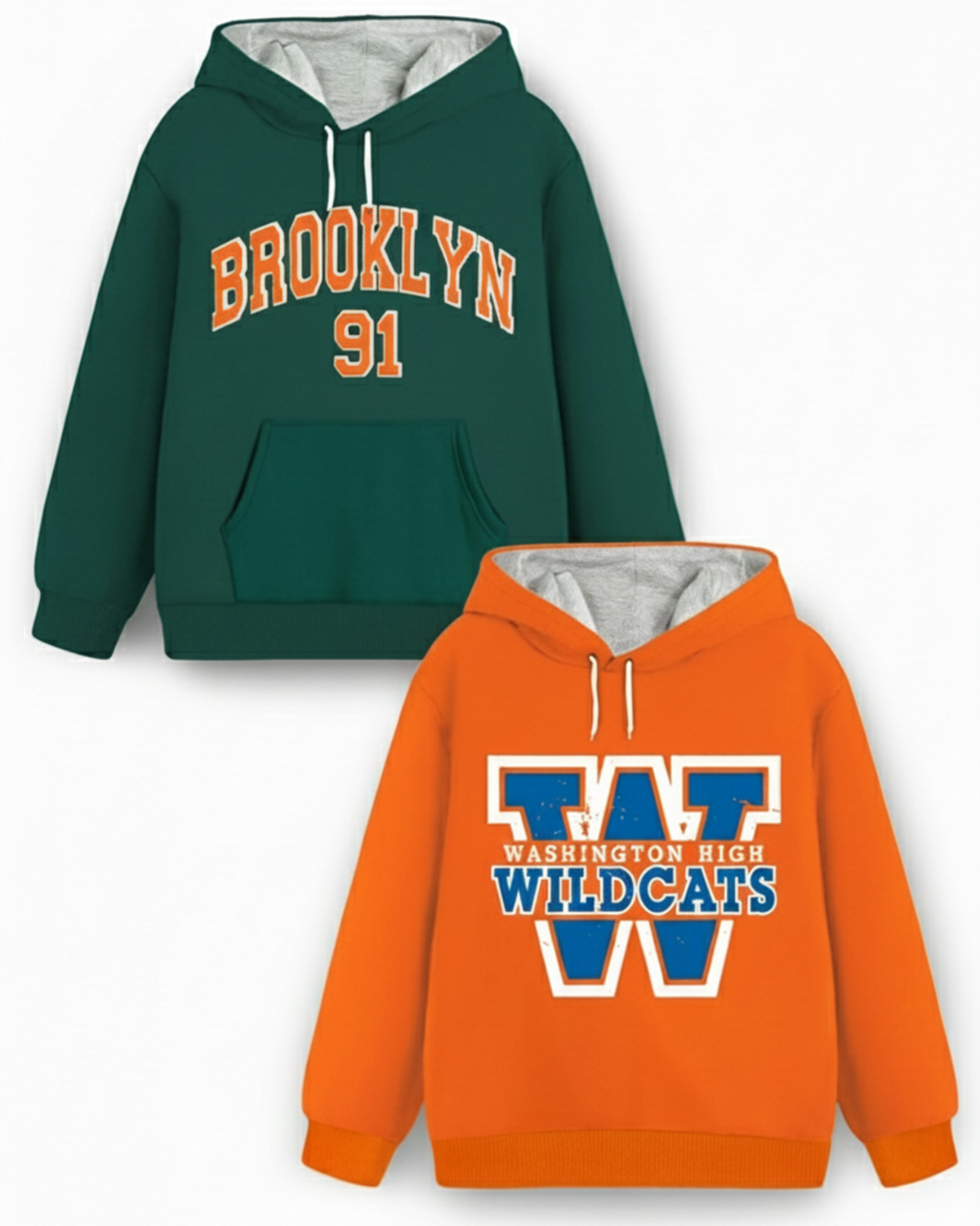 Trampoline Fleece Knit Full Sleeves Wildcats & Brooklyn Printed Hooded Winter Sweatshirt Pack Of 2 - Green Orange