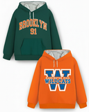 Trampoline Fleece Knit Full Sleeves Wildcats & Brooklyn Printed Hooded Winter Sweatshirt Pack Of 2 - Green Orange