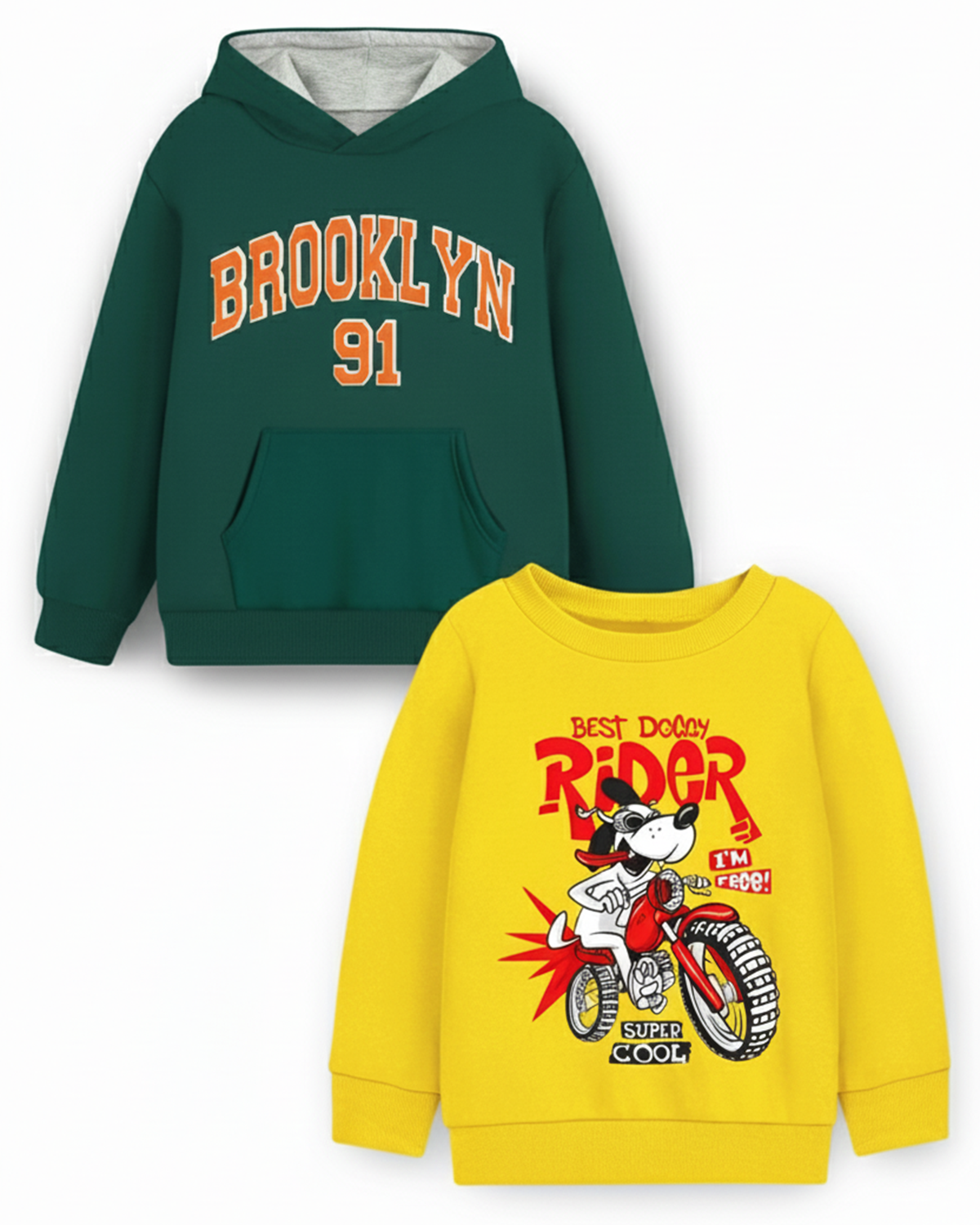 Trampoline Fleece Knit Full Sleeves Brooklyn & Bike Printed Winter Sweatshirt Pack Of 2 - Green Yellow