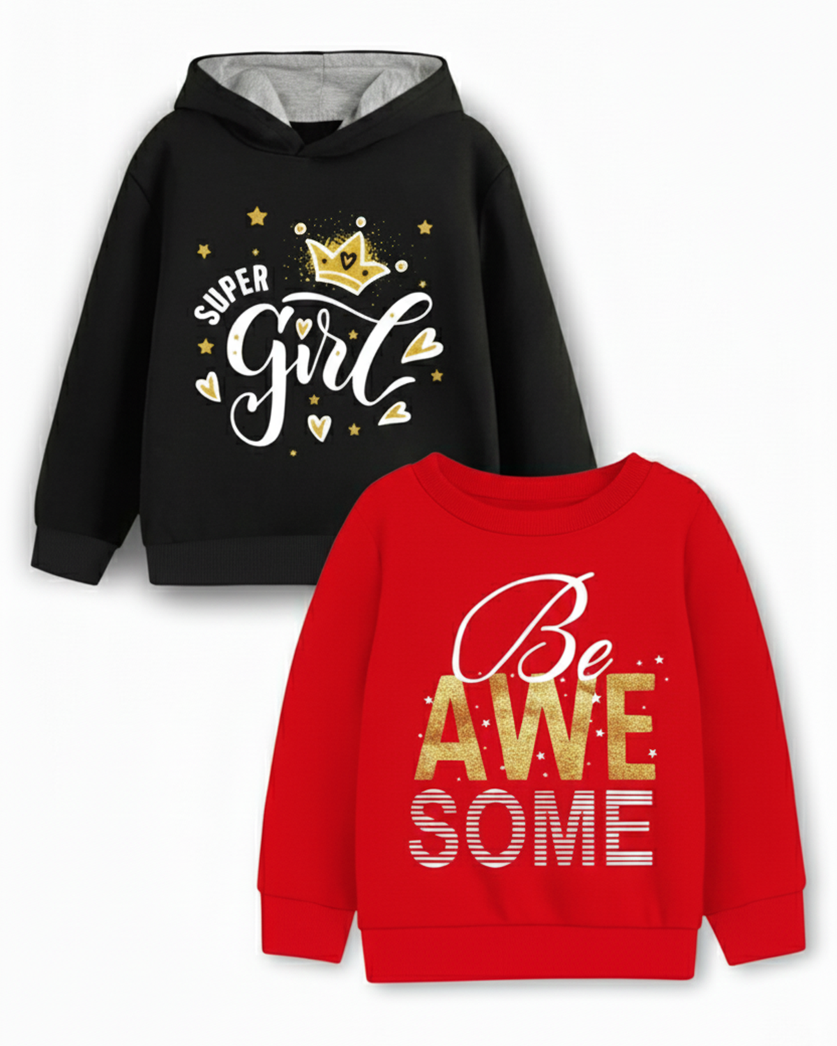 Trampoline Fleece Knit Full Sleeves Girl & Awesome Text Printed Winter Sweatshirt Pack of 2 - Black Red