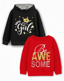 Trampoline Fleece Knit Full Sleeves Girl & Awesome Text Printed Winter Sweatshirt Pack of 2 - Black Red