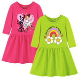 Trampoline Cotton Blend Knit Pack Of 2 Three Fourth Sleeves Butterfly & Flower Printed Dress - Pink & Green