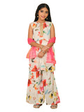 Trampoline Cotton Woven Sleeveless Floral Printed Kurta & Sharara With Dupatta - Red & White