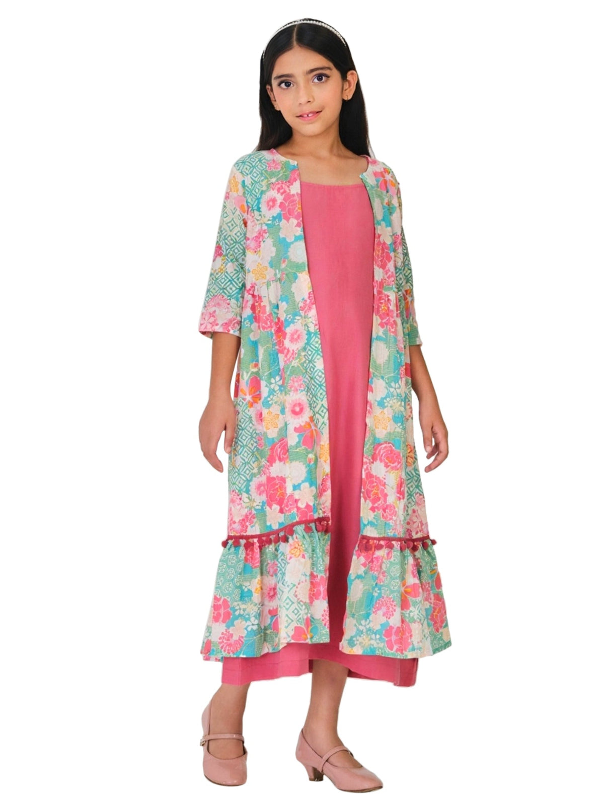 Trampoline Cotton Woven Floral Printed Dress With Three Fourth Sleeves Shrug - Pink
