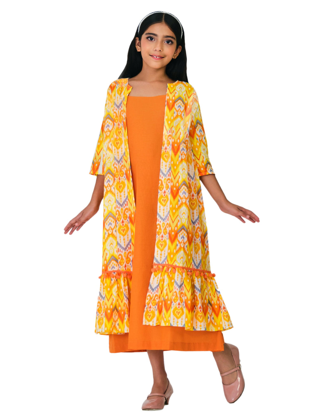 Trampoline Cotton Woven Floral Printed Dress With Three Fourth Sleeves Shrug - Orange