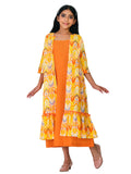 Trampoline Cotton Woven Floral Printed Dress With Three Fourth Sleeves Shrug - Orange