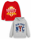 Trampoline Fleece Knit Full Sleeves Varsity & Nyc Printed Winter Sweatshirt Pack Of 2 - Red Grey