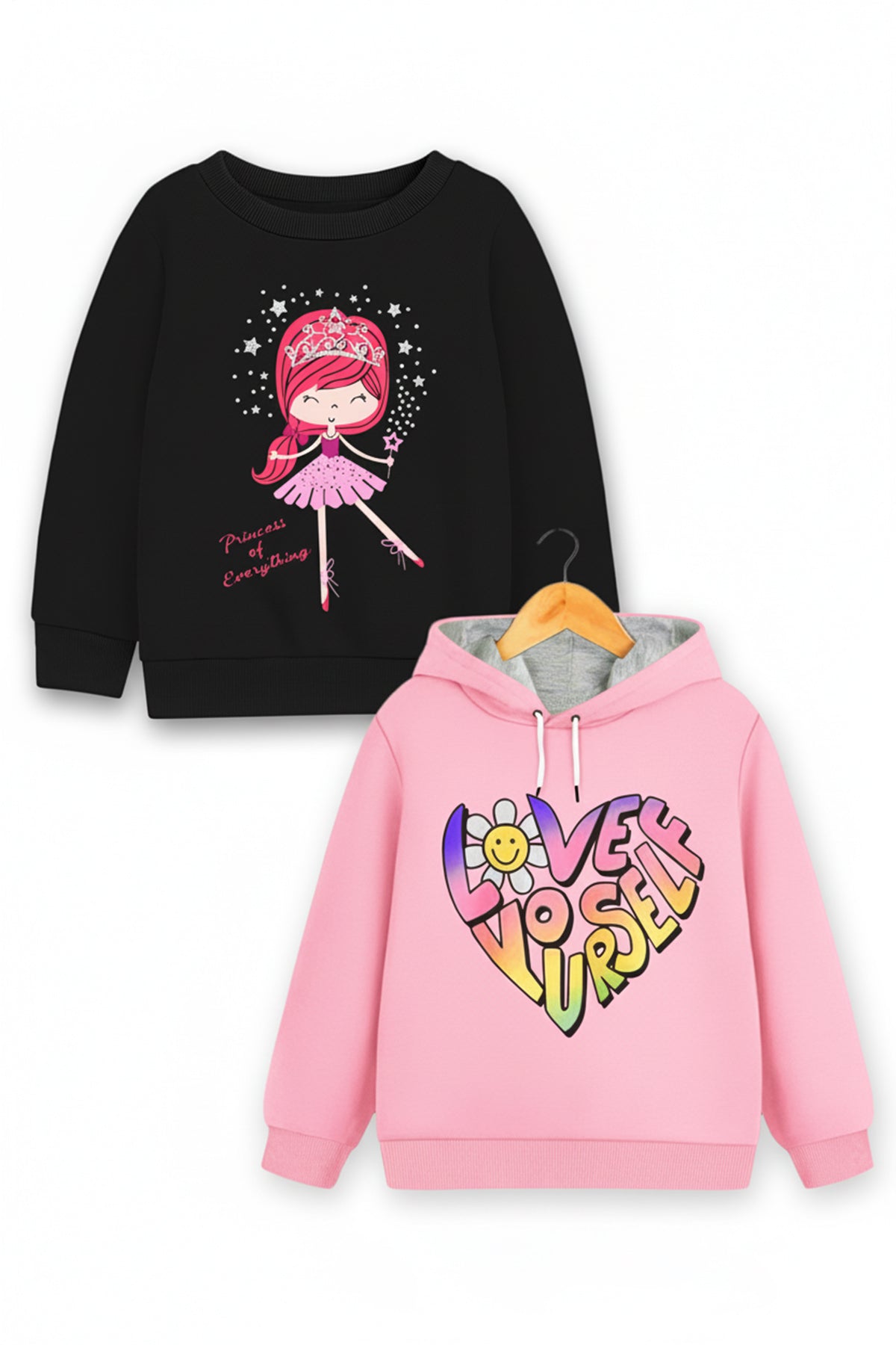 Trampoline Fleece Knit Full Sleeves Heart Printed Winter Sweatshirt Pack Of 2 - Black Pink