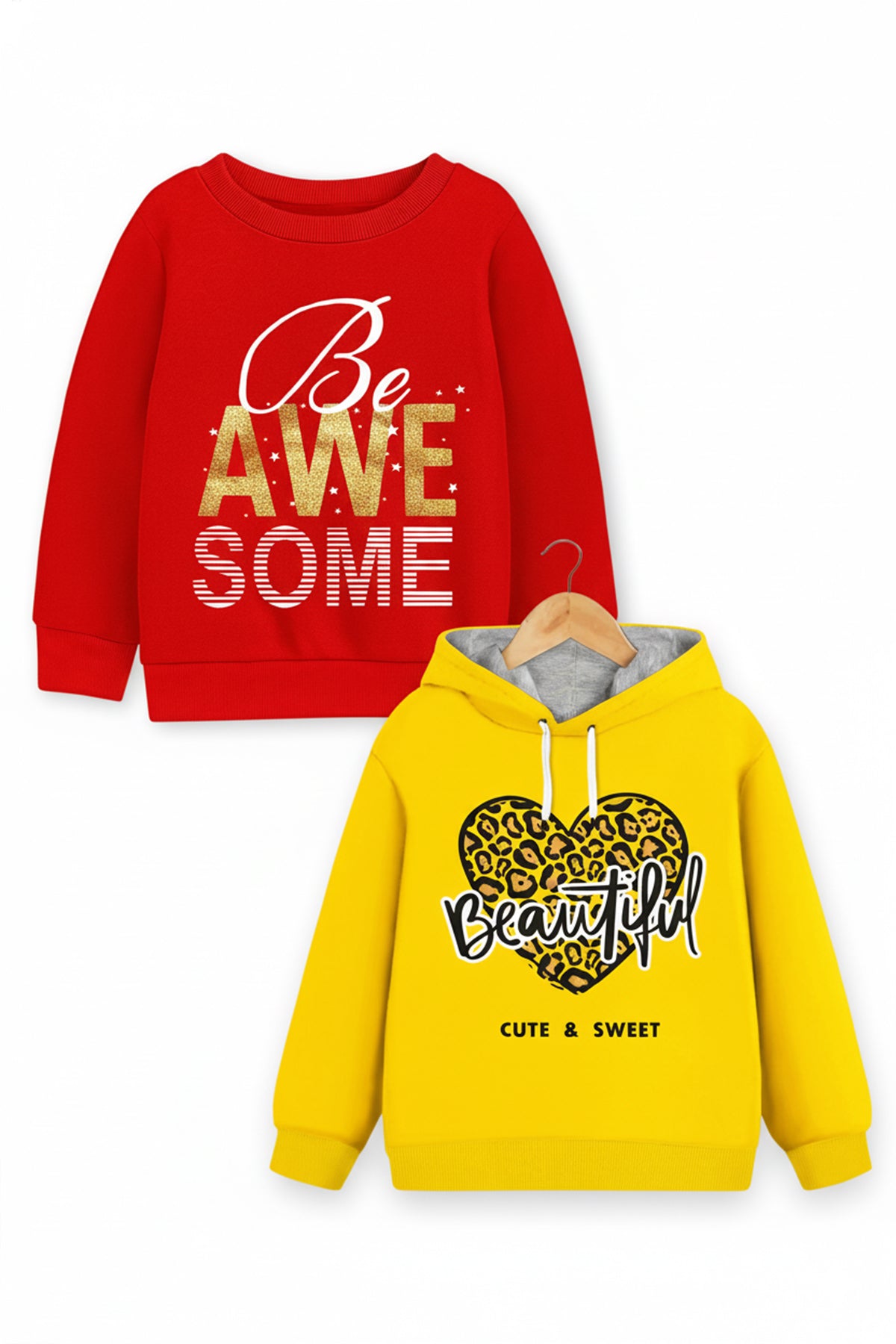 Trampoline Fleece Knit Full Sleeves Awesome & Heart Printed Winter Sweatshirt Pack Of 2 - Red Yellow