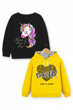 Trampoline Fleece Knit Full Sleeves Unicorn & Heart Printed Winter Sweatshirt Pack Of 2 - Black Yellow
