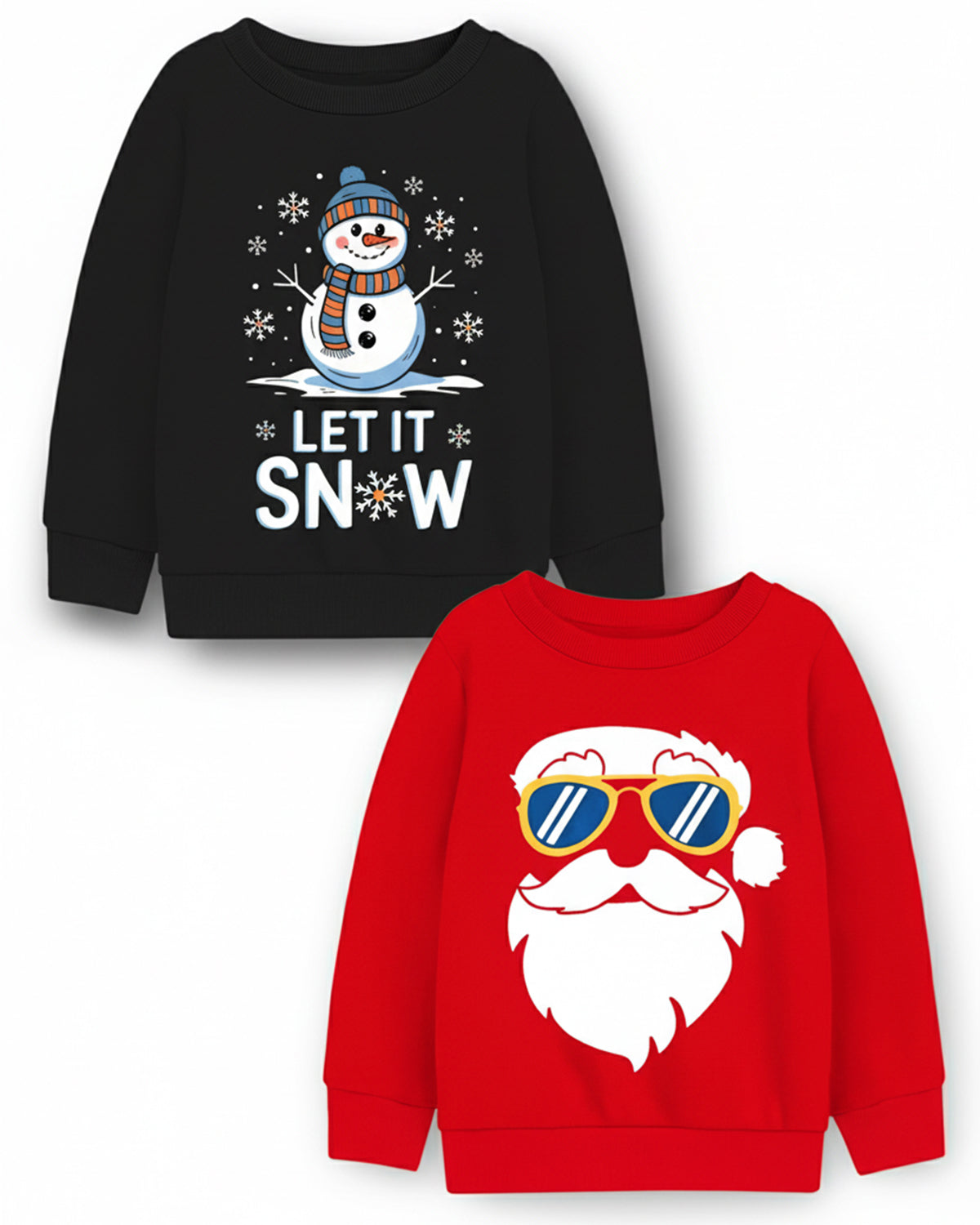 Trampoline Fleece Knit Full Sleeves Snow Man & Santa Printed Winter Sweatshirt Pack of 2 - Black Red