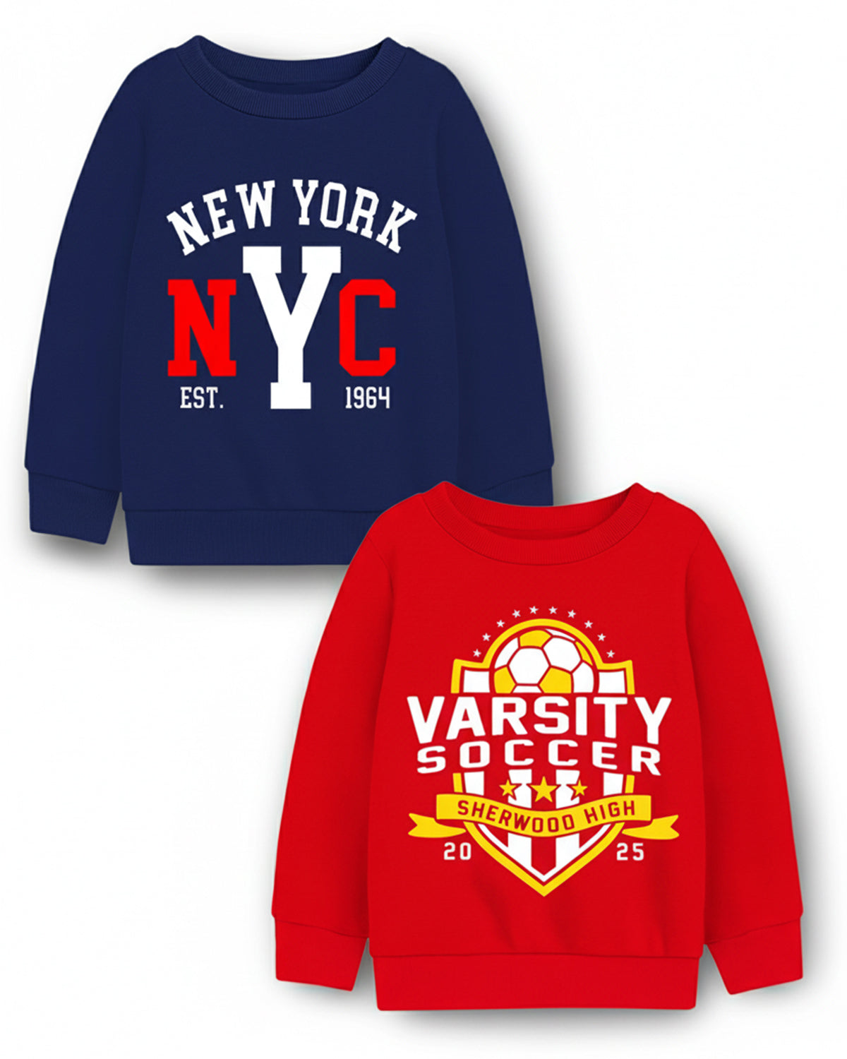 Trampoline Fleece Knit Full Sleeves Nyc & Varsity Soccer Printed Winter Sweatshirt Pack Of 2 - Navy Blue Red