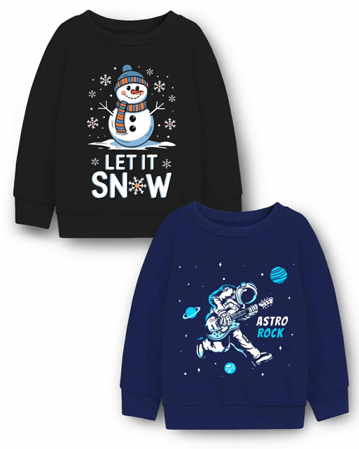 Trampoline Fleece Knit Full Sleeves Snoe Man & Astronaut Printed Winter Sweatshirt Pack of 2 - Black Navy Blue