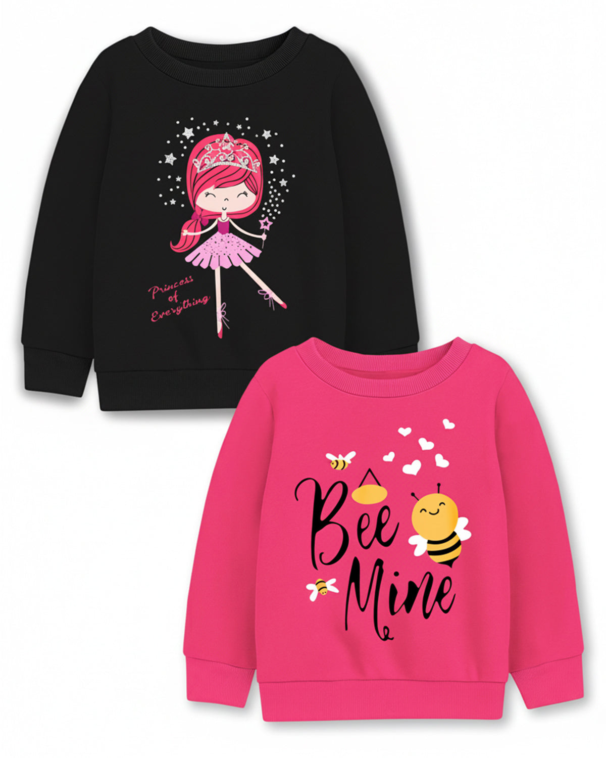Trampoline Fleece Knit Full Sleeves Doll & Bee Mine Printed Winter Sweatshirt Pack Of 2 - Black Pink