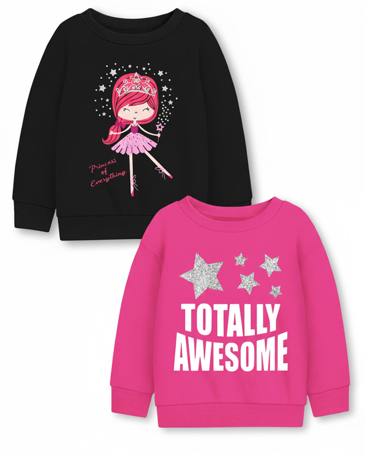 Trampoline Fleece Knit Full Sleeves Totally Awesome Printed Winter Sweatshirt Pack of 2 - Black Pink