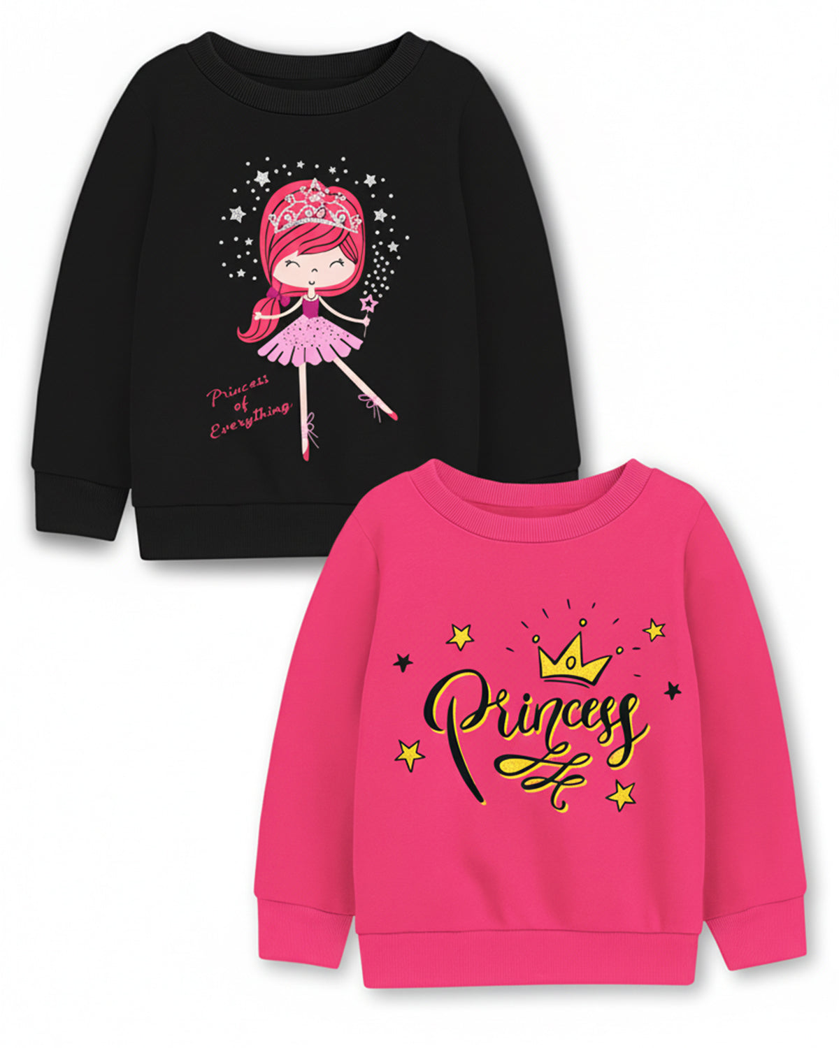 Trampoline Fleece Knit Full Sleeves Princess Printed Winter Sweatshirt Pack Of 2 - Black Pink