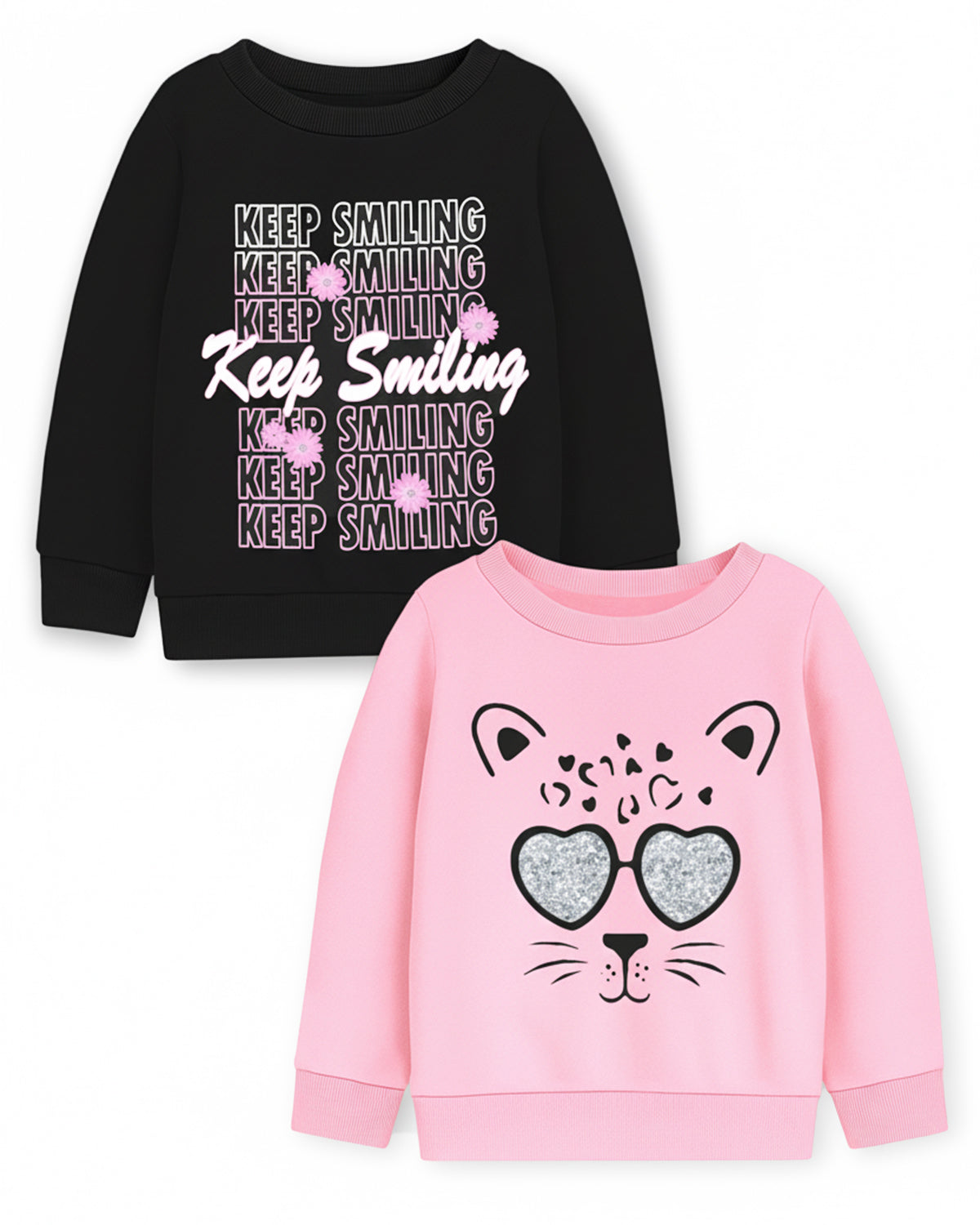 Trampoline Fleece Knit Full Sleeves Keep Smiling & Cat Printed Winter Sweatshirt Pack Of 2 - Black Pink