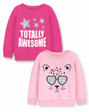 Trampoline Fleece Knit Full Sleeves Totally Awesome & Cat Printed Winter Sweatshirt Pack Of 2 - Pink Light Pink
