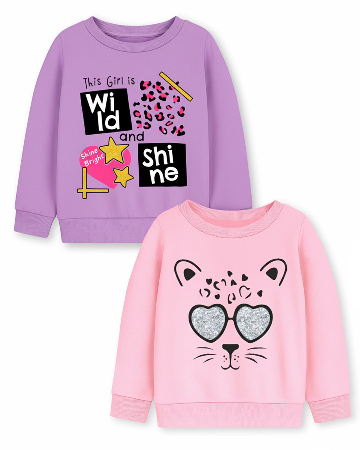 Trampoline Fleece Knit Full Sleeves Text Printed Winter Sweatshirt Pack Of 2 - Pink Purple