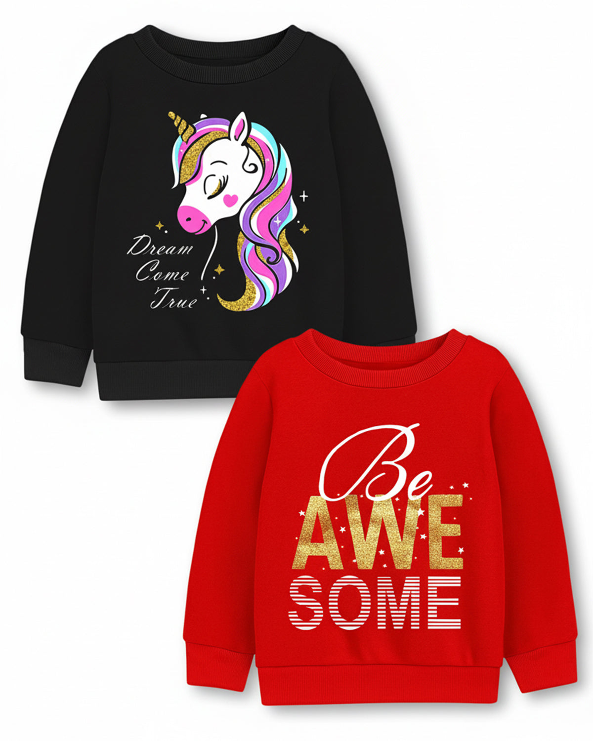 Trampoline Fleece Knit Full Sleeves Unicorn & Awesome Printed Winter Sweatshirt Pack Of 2 - Black Red