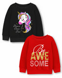 Trampoline Fleece Knit Full Sleeves Unicorn & Awesome Printed Winter Sweatshirt Pack Of 2 - Black Red