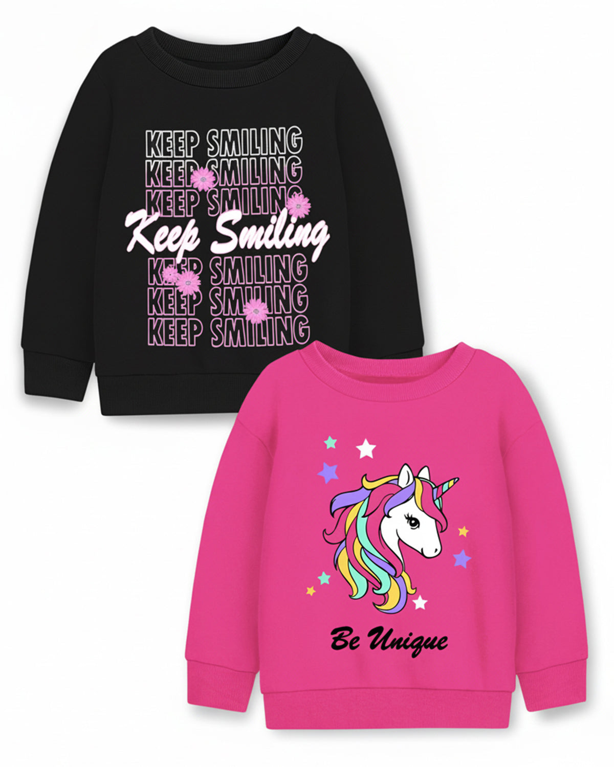 Trampoline Fleece Knit Full Sleeves Keep Smiling & Unicorn Printed Winter Sweatshirt Pack Of 2 - Black Pink