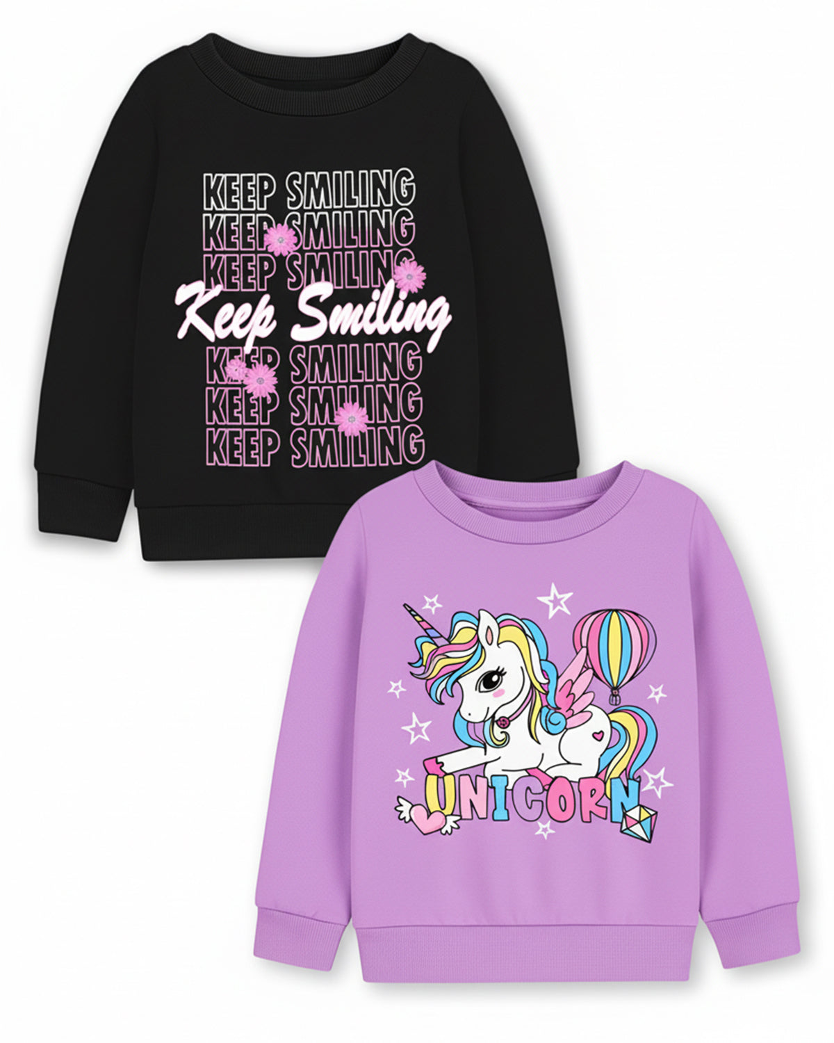 Trampoline Fleece Knit Full Sleeves Keep Smiling & Unicorn Printed Winter Sweatshirt Pack Of 2 - Black Purple